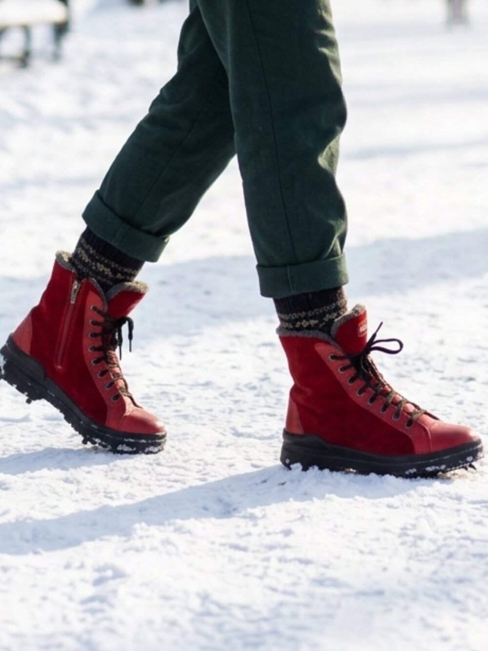 Olang Zaide Red Leather and Suede Winter Boots with Ice Grippers
